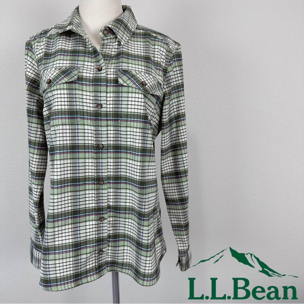 LL Bean Whisper Lodge Green Plaid Flannel Button Down Shirt‎ Womens Medium M